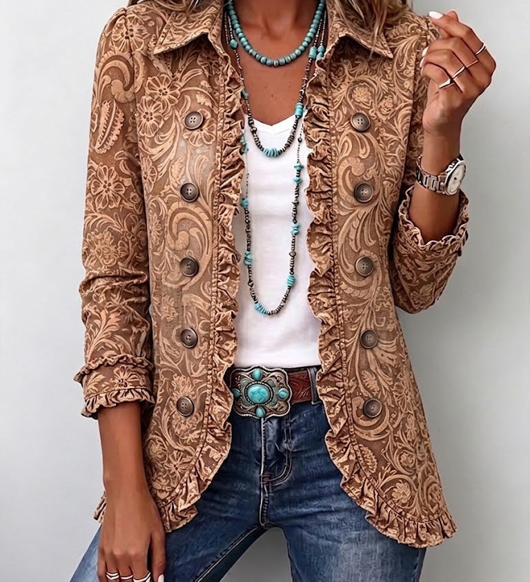 Jella - Vintage jasje met ruches en boho-bloemenprint - Bruin